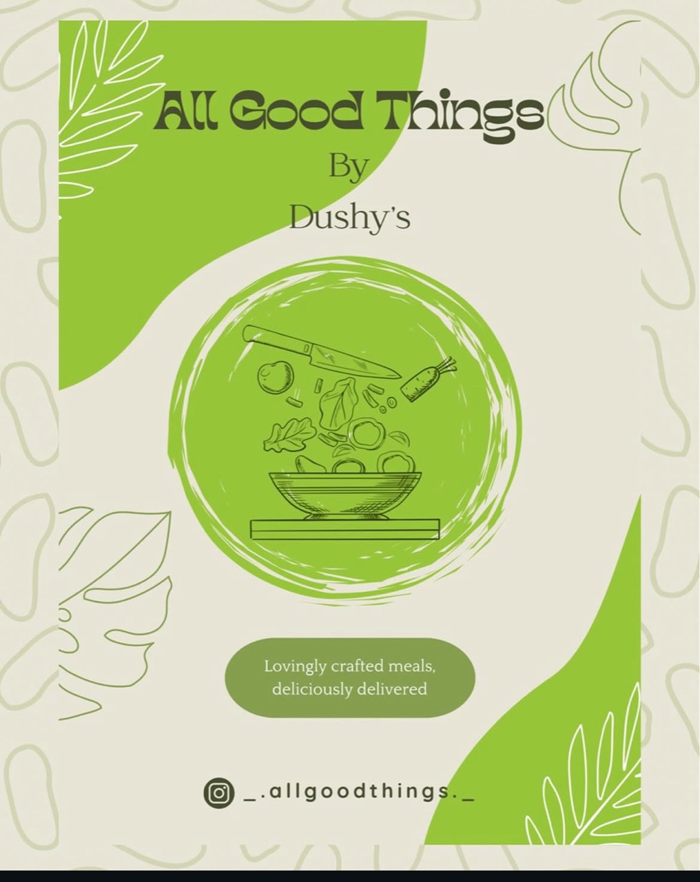 All Good Things by Dushy's green and cream brand artwork